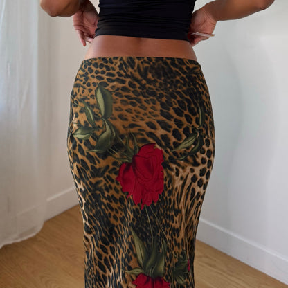 Italian Vintage Leopard Floral Mesh Maxi Skirt