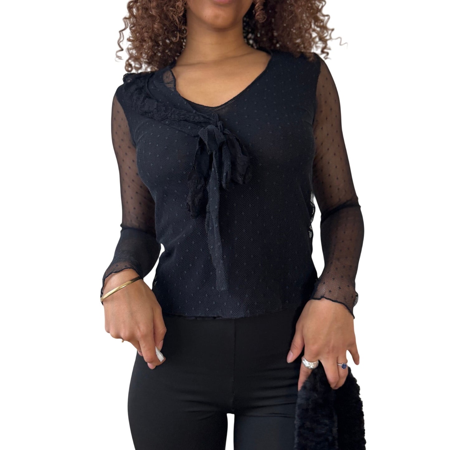 Vintage Italian black cotton mesh polka dot top with sheer sleeves (S)