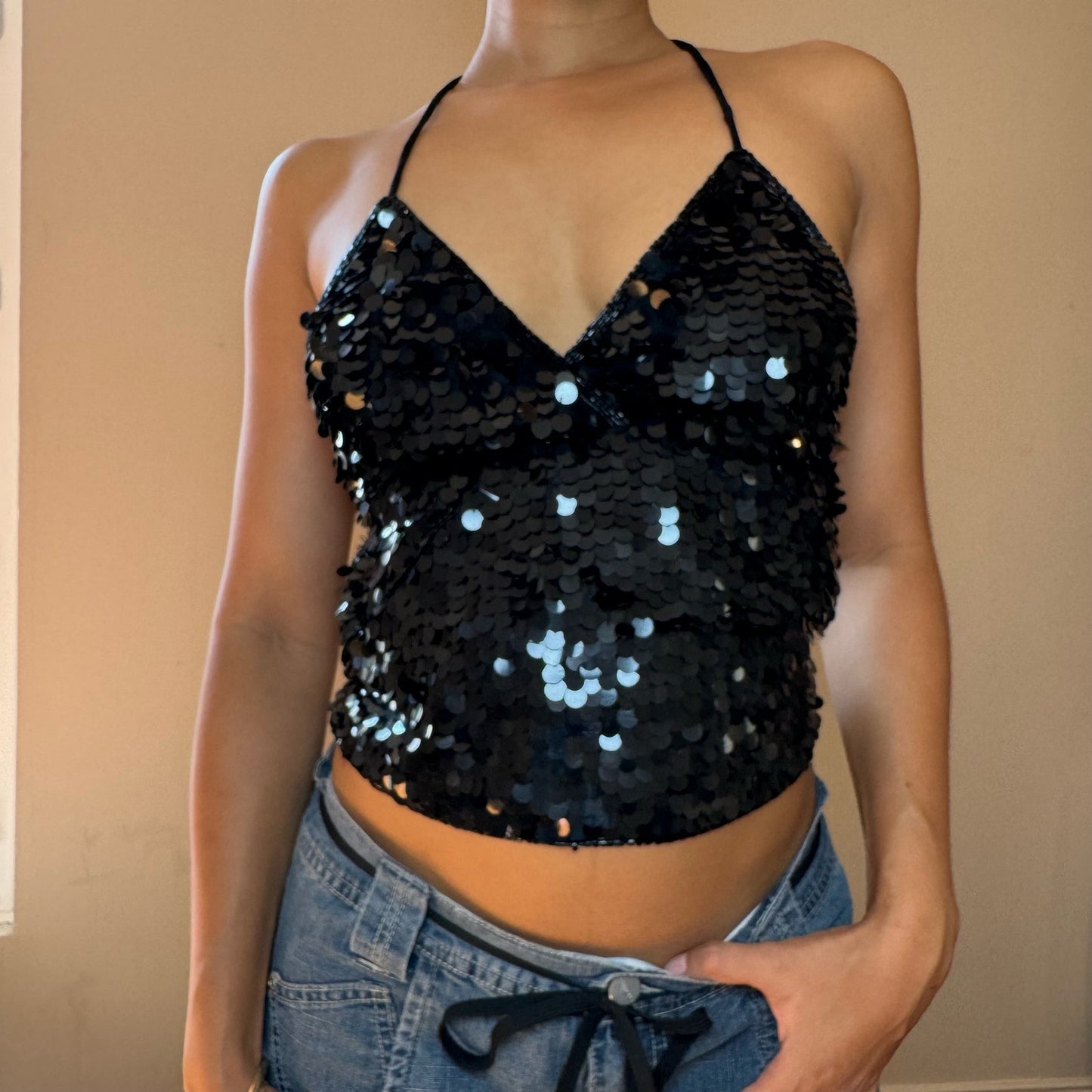 Italian Vintage black sequin halter top (S/M)