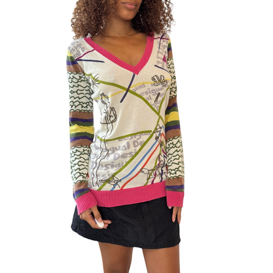 Vintage Desigual multicolor graphic knit V-neck sweater (Small)
