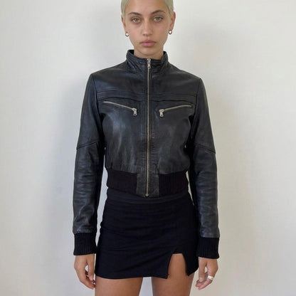 Vintage Italian black real leather zip front jacket with ribbed cuffs and waist (S)