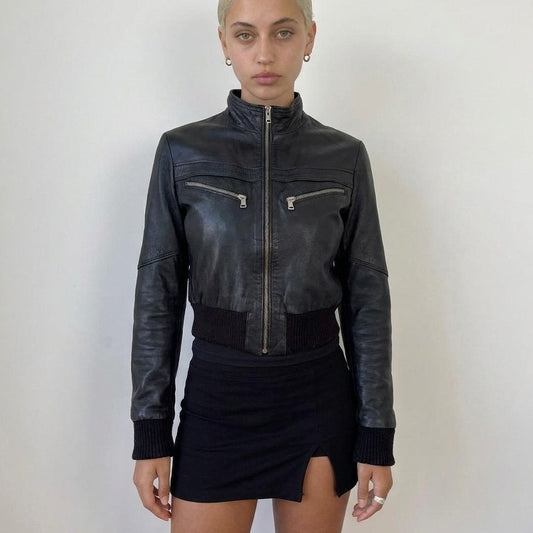Vintage Italian black real leather zip front jacket with ribbed cuffs and waist (S)