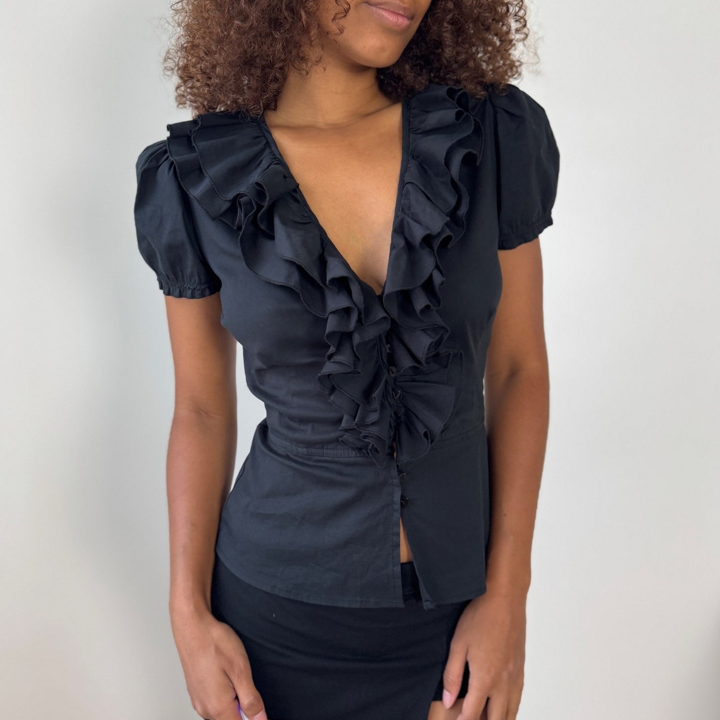 Vintage Italian Ruffle Front Button-Up Blouse (XS/S)