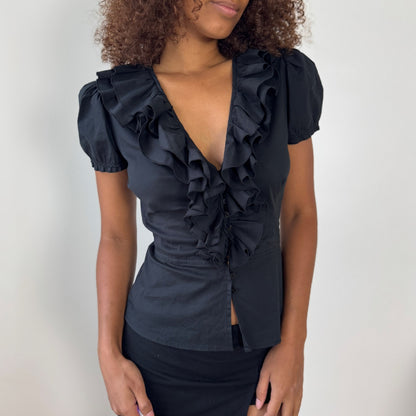 Vintage Italian Ruffle Front Button-Up Blouse (XS/S)