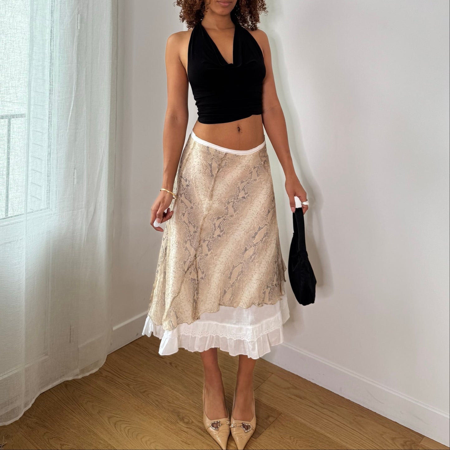 Vintage Beige Cream Snakeskin 100% Silk Ruffle Midi Skirt Italian Y2K (S)