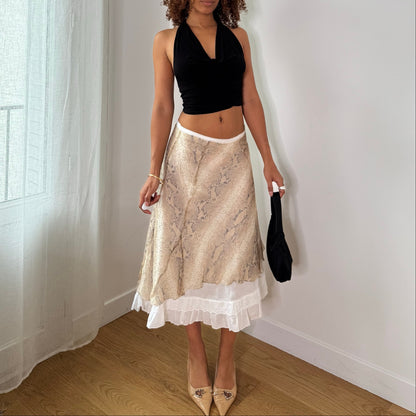 Vintage Beige Cream Snakeskin 100% Silk Ruffle Midi Skirt Italian Y2K (S)