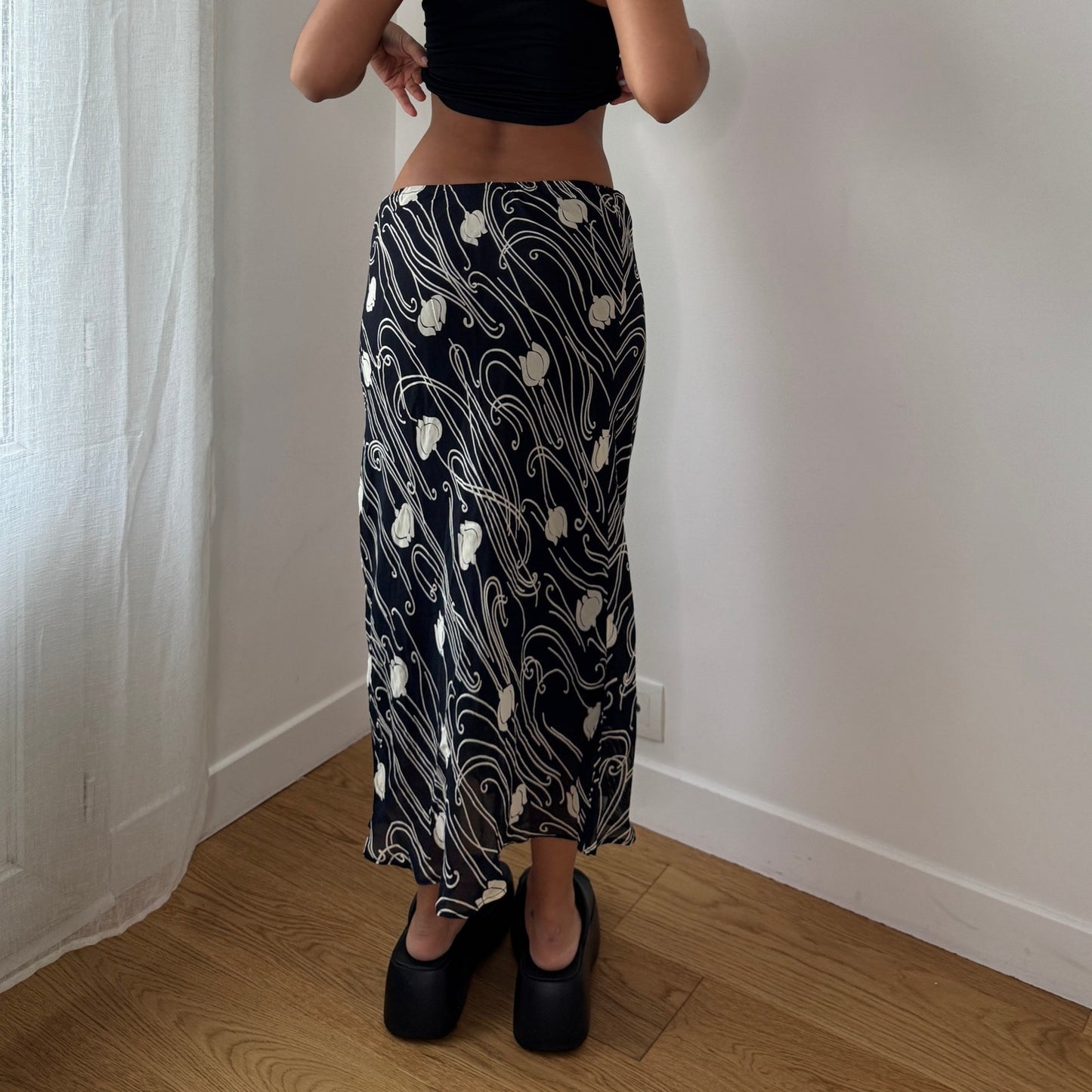 Vintage Italian Black Swirl Mesh Midi Skirt Y2K Sheer Layered Skirt (S)