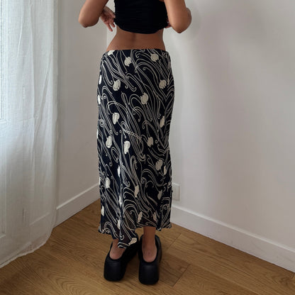 Vintage Italian Black Swirl Mesh Midi Skirt Y2K Sheer Layered Skirt (S)