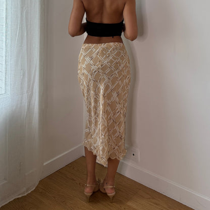 Vintage Beige Cream Mesh Midi Skirt Plaid Bias Cut Italian Y2K Skirt (XS/S)
