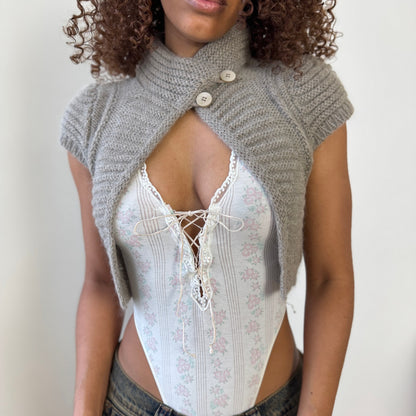 Vintage Italian grey mohair wool blend cropped knit cape cardigan with high collar and double button closure (S)