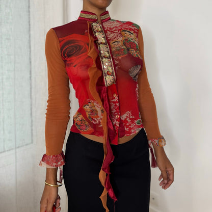 Rare Italian vintage Y2K red orange graphic print semi-sheer mesh top with sequin embellishments, lace back and ruffle trim