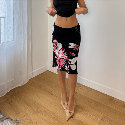 Vintage Italian Black Floral Mesh Midi Skirt Pink Lily Print (S)