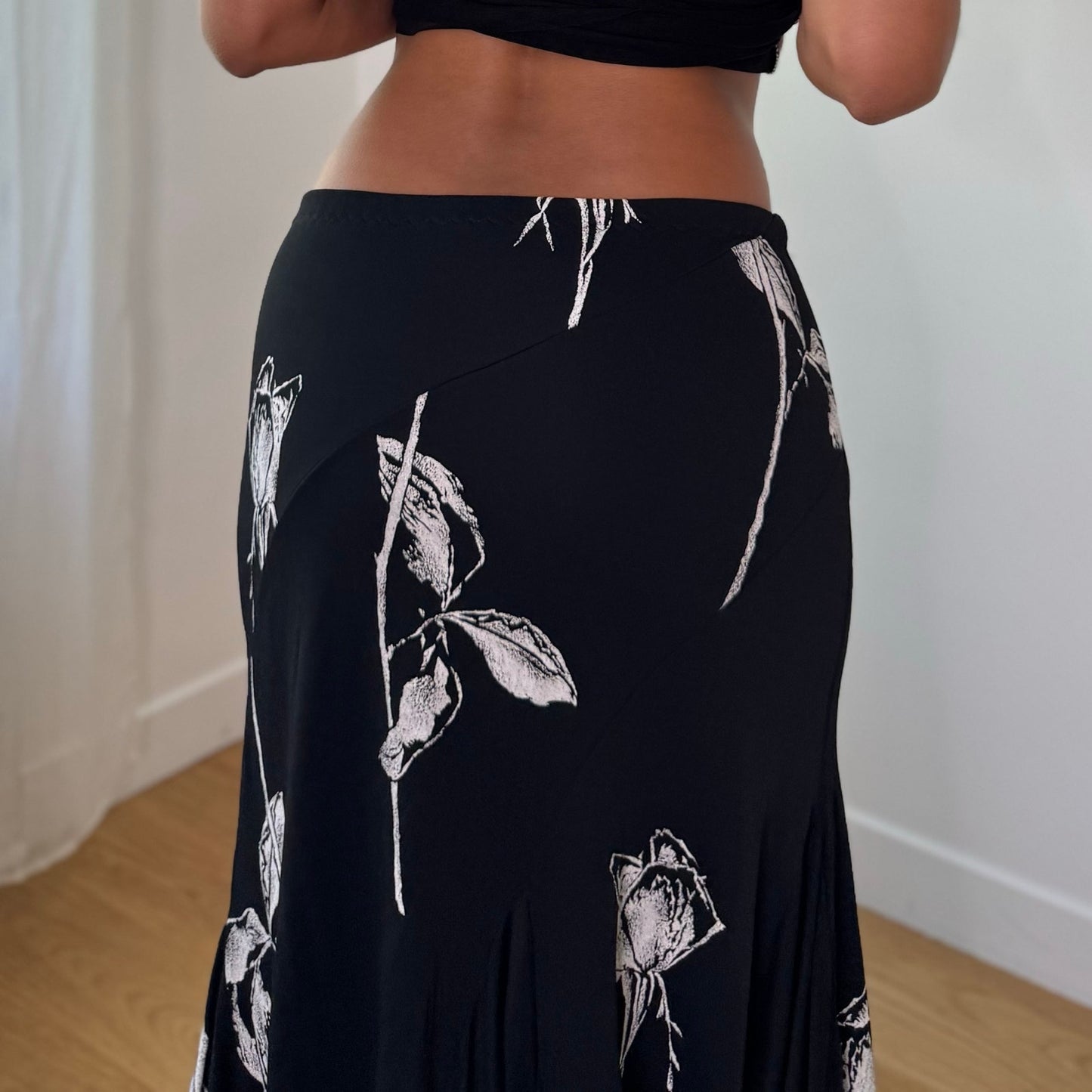 Vintage Black White Floral Mesh Midi Skirt Double Layer Italian Y2K (S)