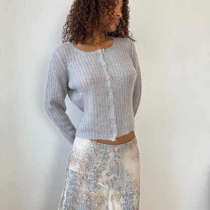 Italian Vintage light grey ribbed mohair-blend knit button-front cardigan (Medium)