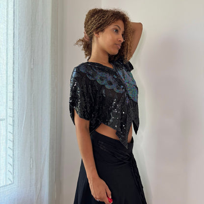 Vintage Black Silk Sequin Butterfly Top Beaded Sheer Evening Y2K (OS)