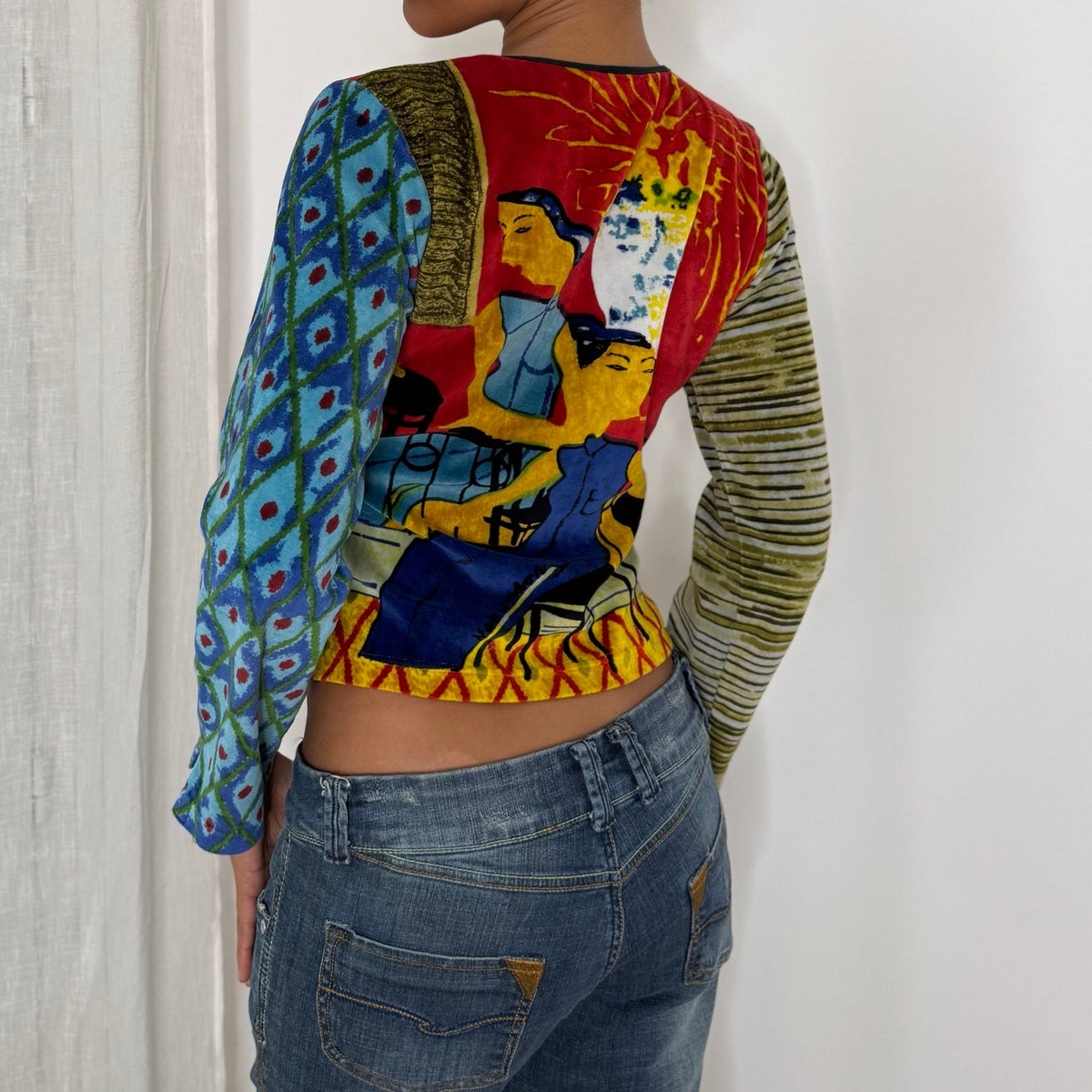 Euro Vintage Red Blue Yellow Green Pop Art Graphic Velvet Long Sleeve Top