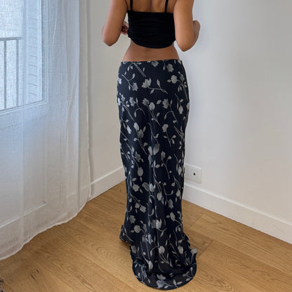 Vintage Black Floral Mesh Maxi Skirt Sheer Layered Hem Euro Sourced (S)