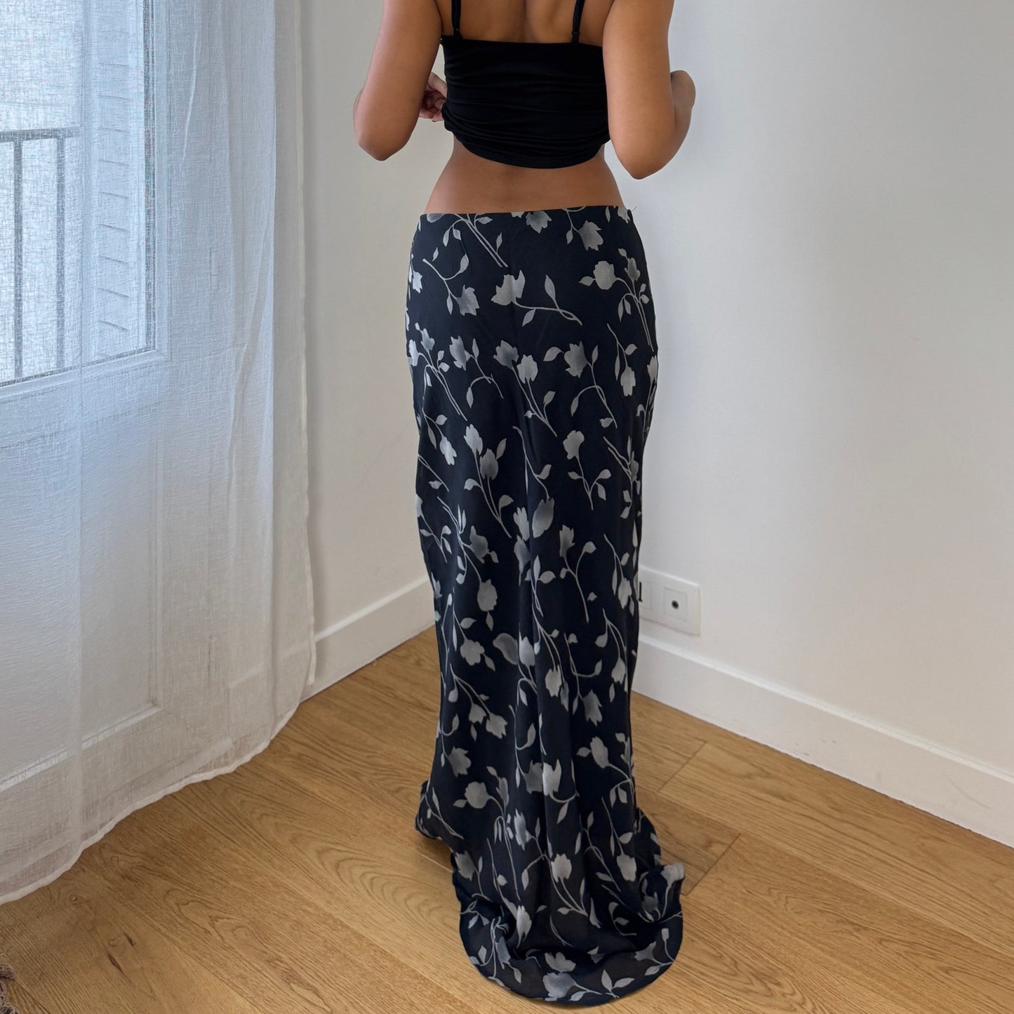 Vintage Black Floral Mesh Maxi Skirt Sheer Layered Hem Euro Sourced (S)
