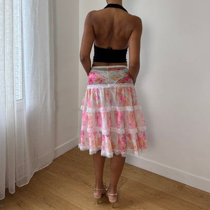 Vintage Euro floral mesh tiered lace-trim semi-sheer midi skirt (XS/S)