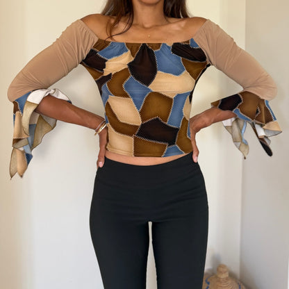 French vintage brown & blue patchwork print top with off shoulder neckline and flared sleeves