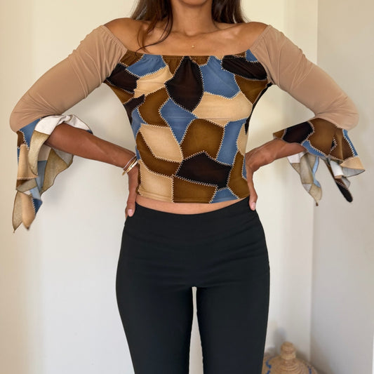 French vintage brown & blue patchwork print top with off shoulder neckline and flared sleeves
