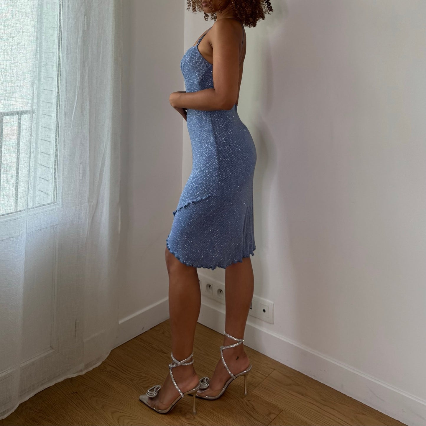 Vintage Blue Glitter Knit Mini Dress Sparkle Asymmetrical Hem Y2K (S)