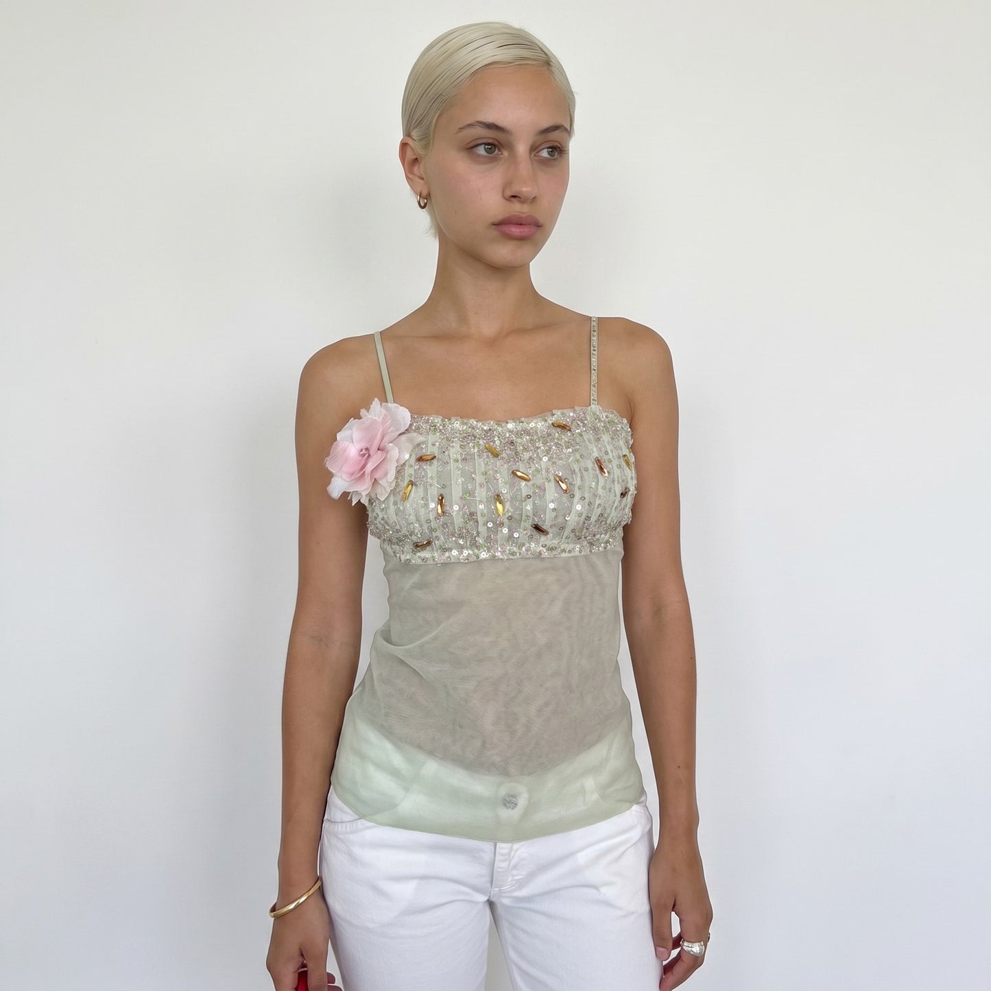 Vintage Mint Green Beaded Mesh Cami Top Floral Appliqué Deadstock Italian Y2K (S)