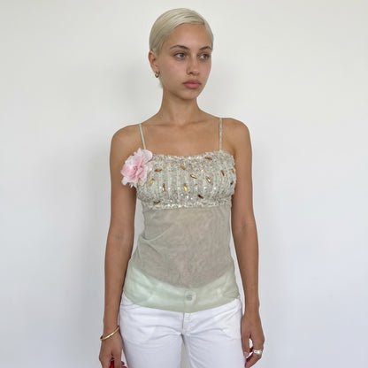 Vintage Mint Green Beaded Mesh Cami Top Floral Appliqué Deadstock Italian Y2K (S)