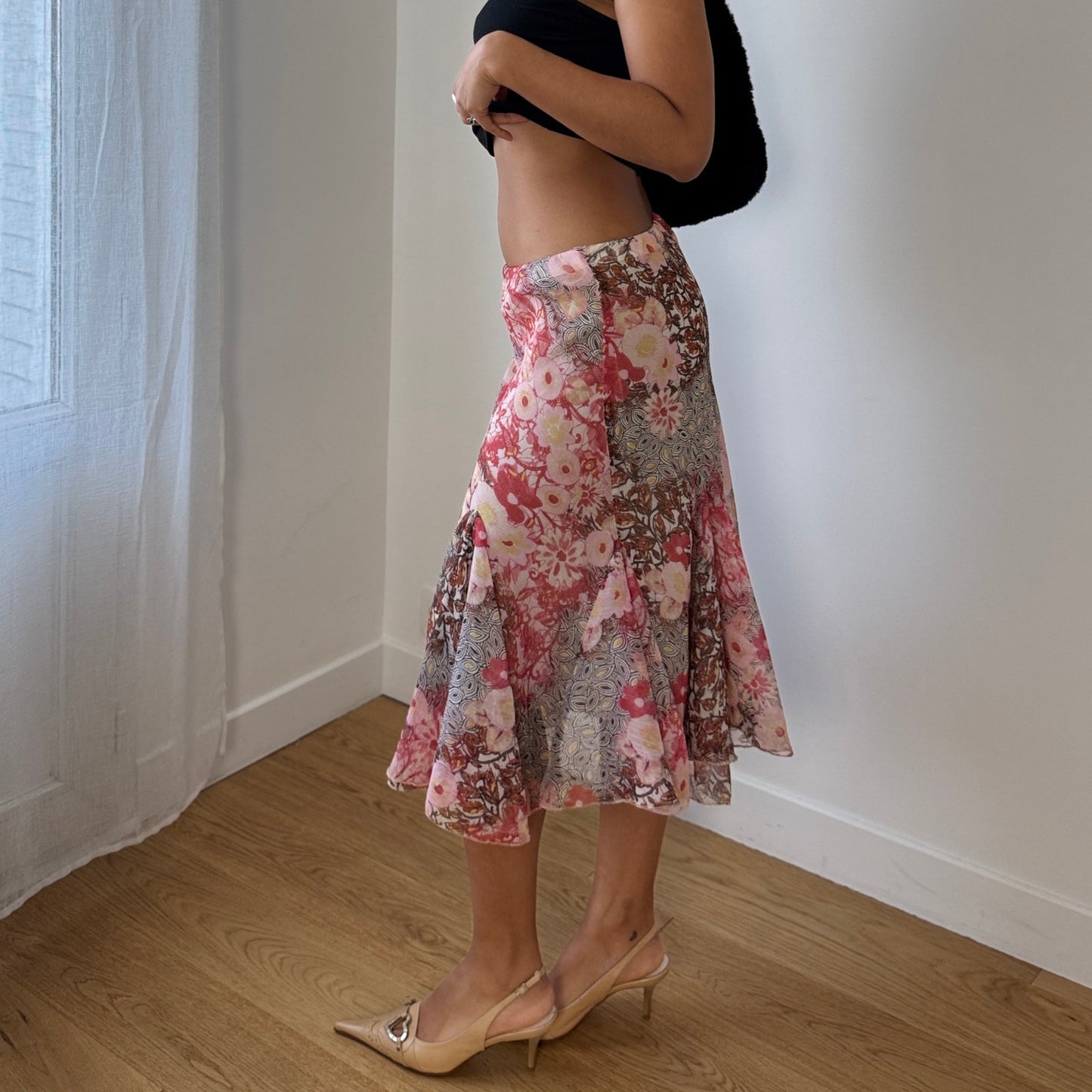 Vintage Sandro Ferrone Floral Mesh Midi Skirt Pink Brown Sheer Hem (S)