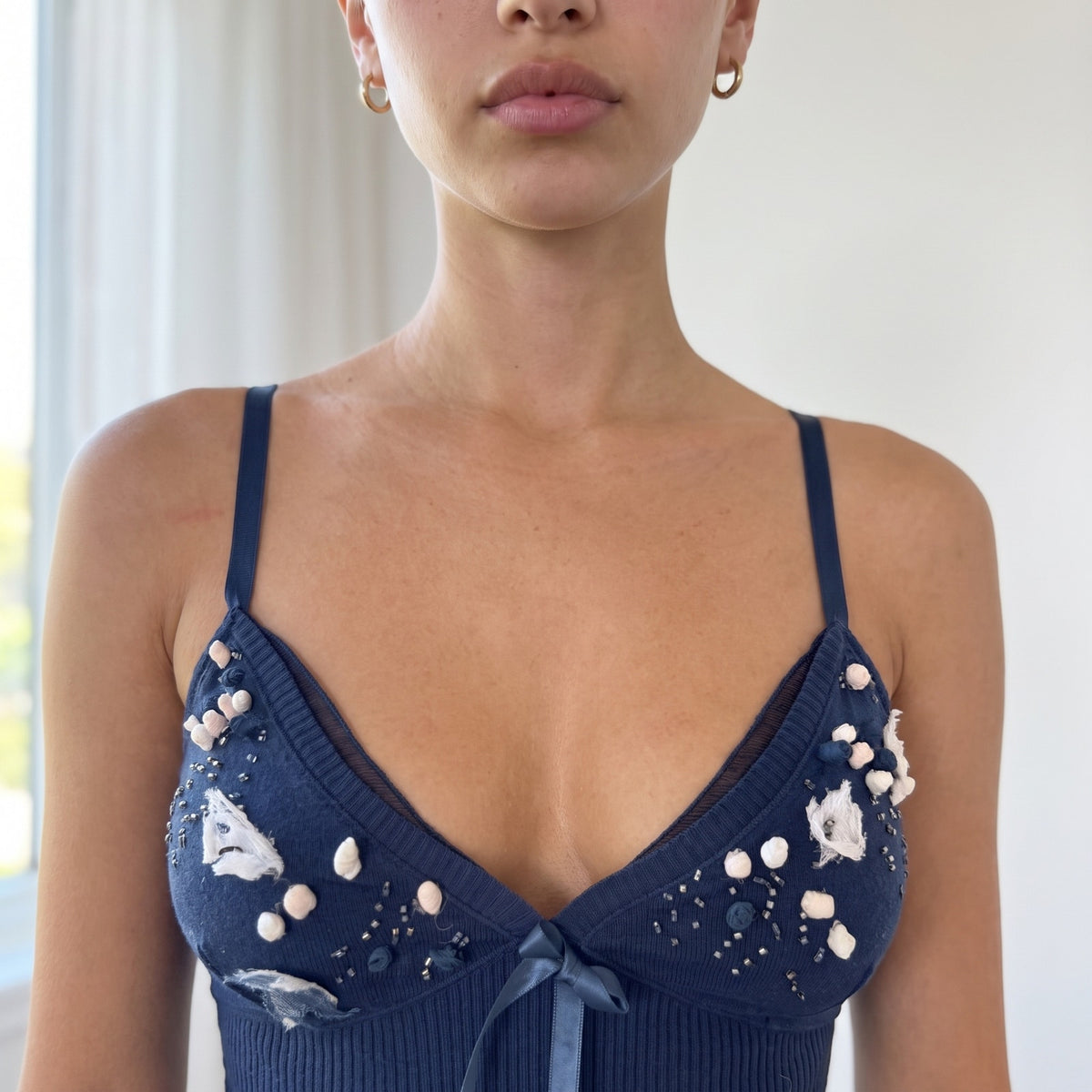 Vintage Navy Embellished Knit Cami Top Floral Appliqué Ribbon Y2K (S)