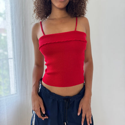 French 90s Vintage Ribbed Knit Cami in Cherry Red (S/M)