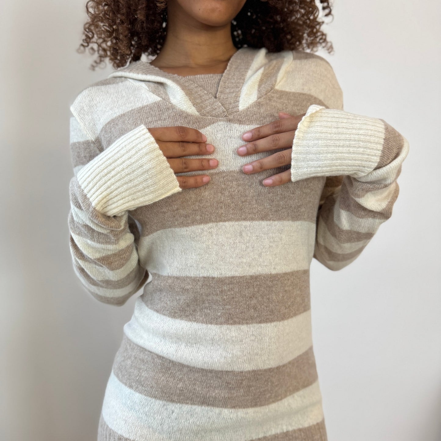 Vintage Italian Beige & Cream Striped Hooded Knit Sweater Dress (Small)