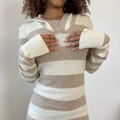 Vintage Italian Beige & Cream Striped Hooded Knit Sweater Dress (Small)