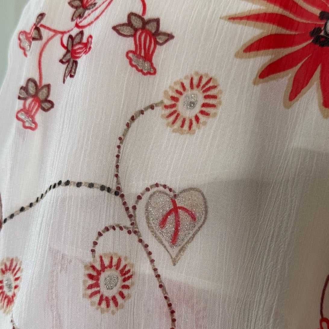 Vintage White Red Pink Floral Glitter Mesh Asymmetrical Midi Skirt Y2K (S)
