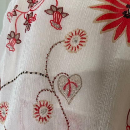 Vintage White Red Pink Floral Glitter Mesh Asymmetrical Midi Skirt Y2K (S)