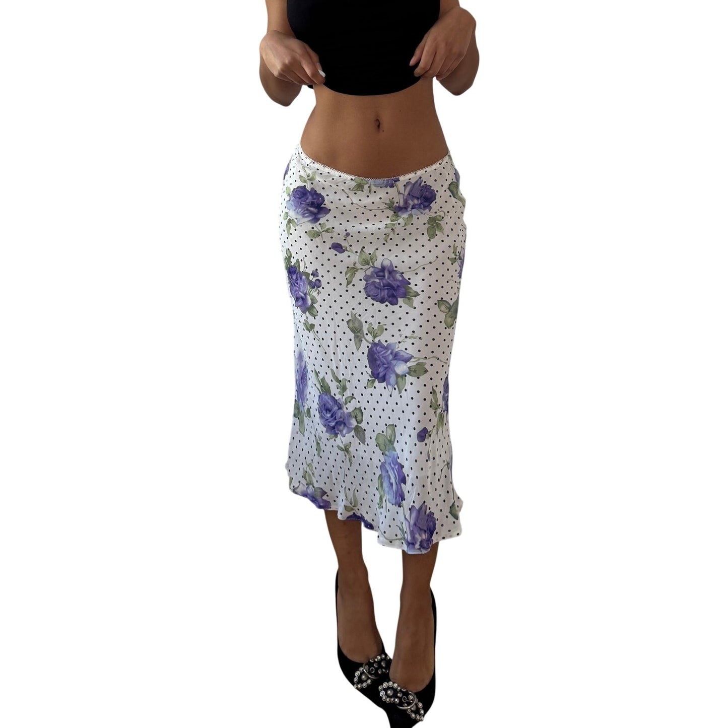 Vintage White Floral Polka Dot Mesh Midi Skirt Purple Rose Y2K French 100% Viscose (S)