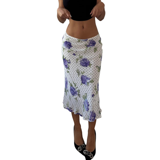 Vintage White Floral Polka Dot Mesh Midi Skirt Purple Rose Y2K French 100% Viscose (S)