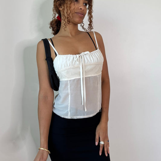 Vintage White Sheer Mesh Lace Ruched Cami Top Y2K (S)