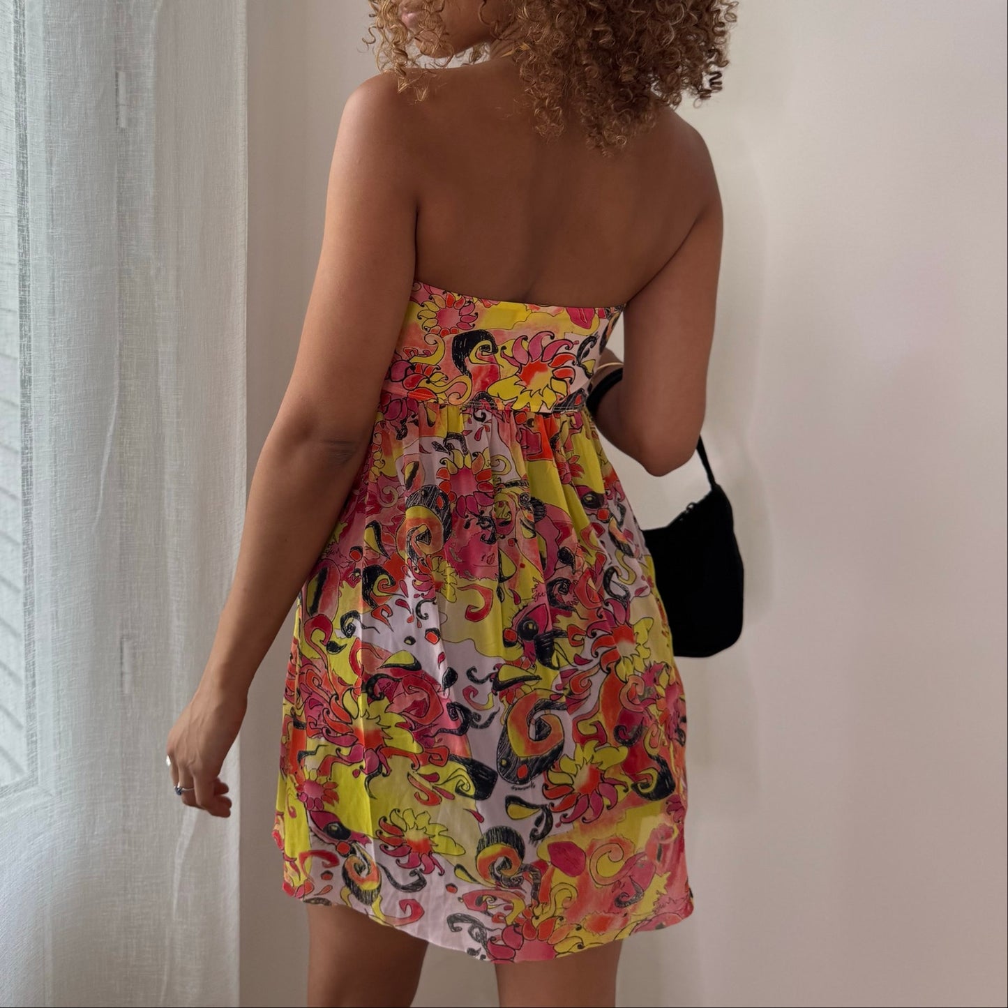 Vintage Yellow Psychedelic Floral Mesh Halter Babydoll Top Mini Dress Y2K (S)