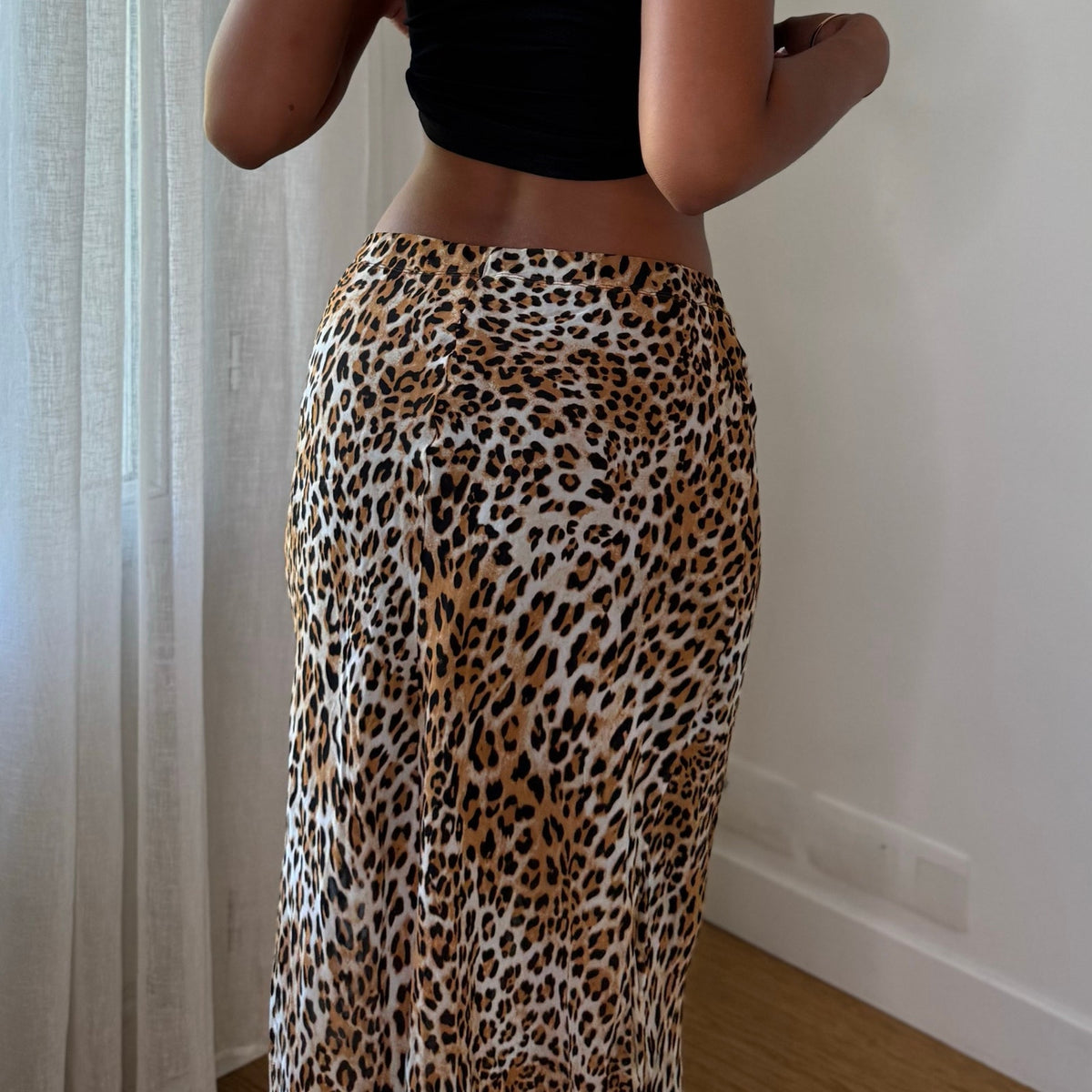 Vintage Leopard Print Asymmetric Mesh Midi Skirt (S)