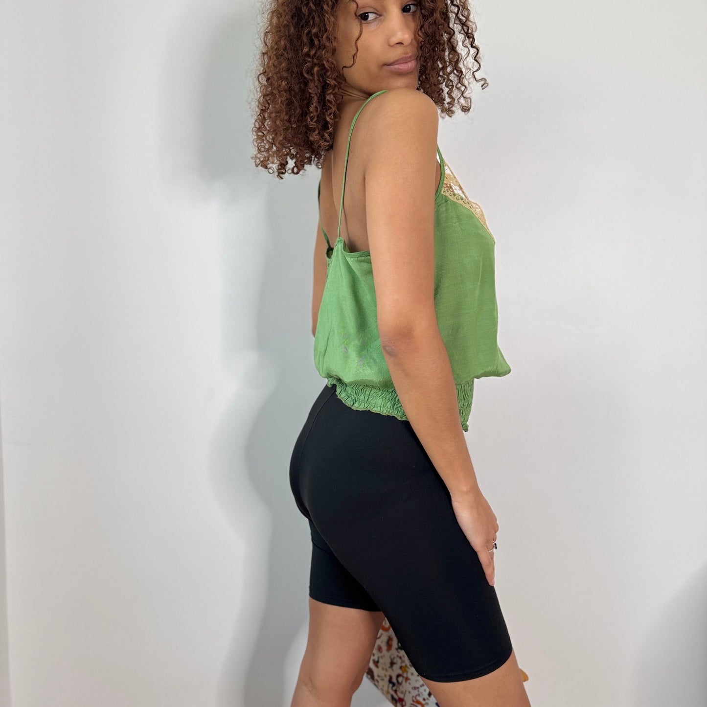 Vintage Italian Green Lace Trim Camisole Top 100% Viscose (S)