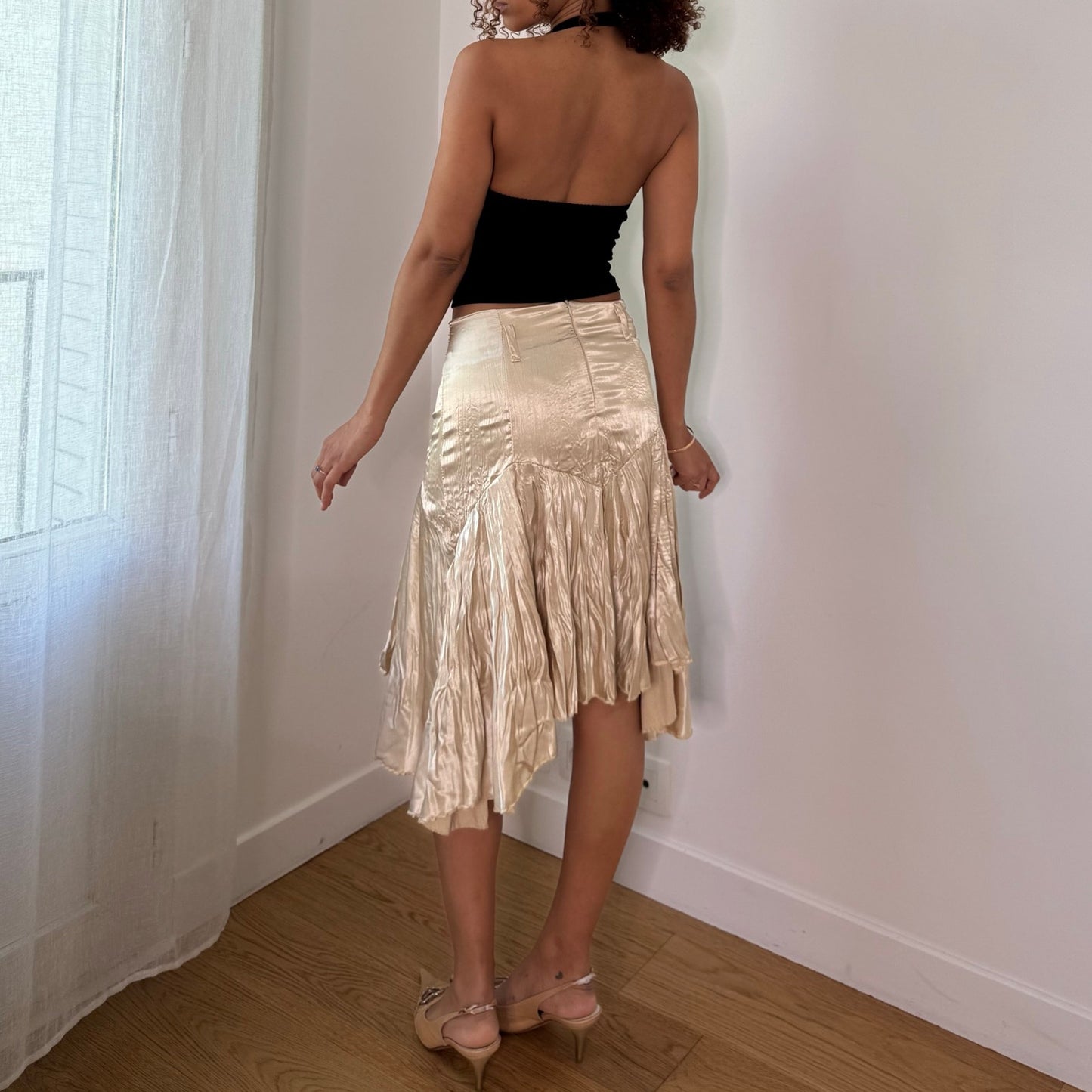 Vintage Champagne Cream Satin Pleated Midi Skirt Italian Y2K (XS/S)