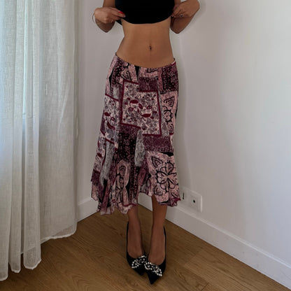 Vintage Pink Burgundy Patchwork Mesh Midi Skirt (S)