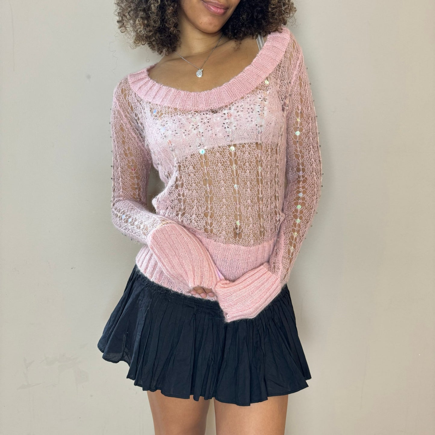 Vintage pink knit sweater with sequins detailing (S/M)