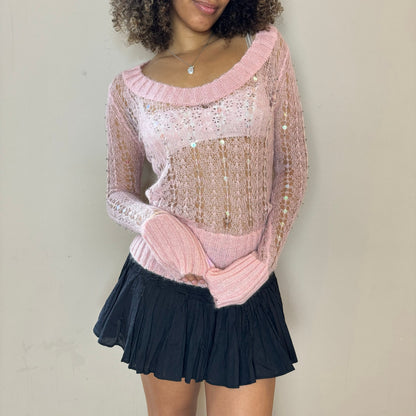 Vintage pink knit sweater with sequins detailing (S/M)