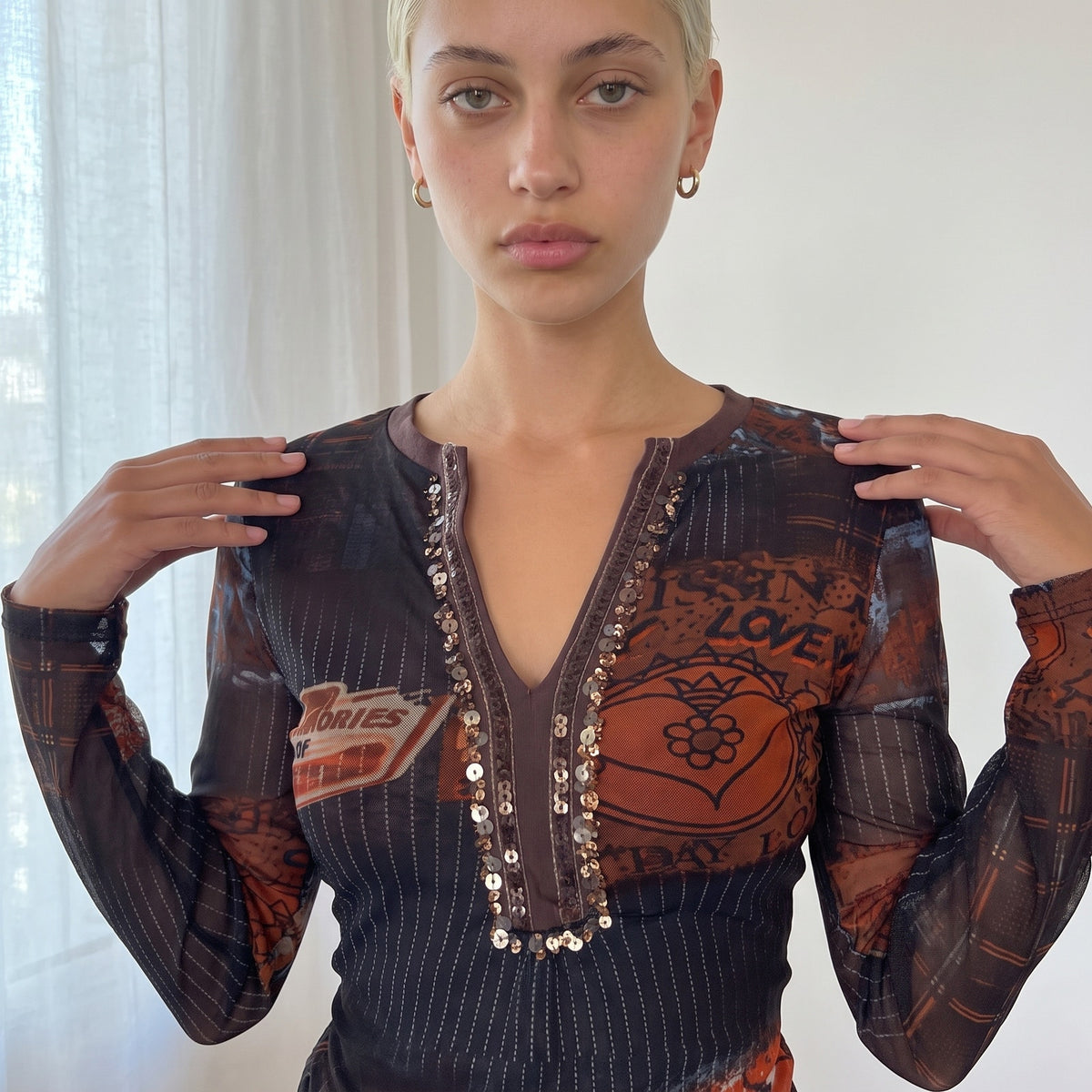 Italian Vintage Graphic Mesh Top