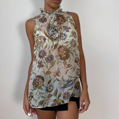 Vintage Italian Sheer Mesh Ruffle-Neck Floral Tunic Top (M/L)