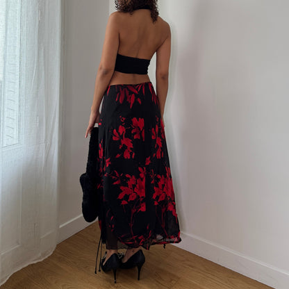 Vintage Black Red Floral Mesh Midi Skirt Ruched Italian Y2K Skirt (S) ⠀