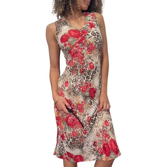 90s euro floral & cheetah print mesh midi dress (XS/S)