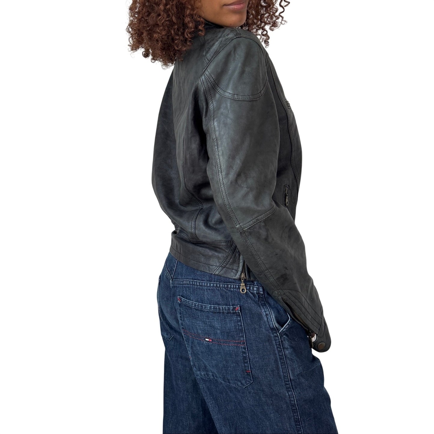Vintage Grey Leather Moto Jacket (S/M)
